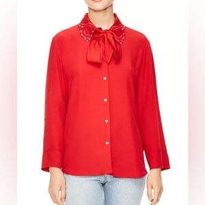 Sandro - Red Bow Tie and rhinestones Collar Blouse size FR 40
